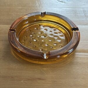 Vintage Amber Glass Cigarette Ashtray Round Mid Century Retro Heavy Large 8" MCM